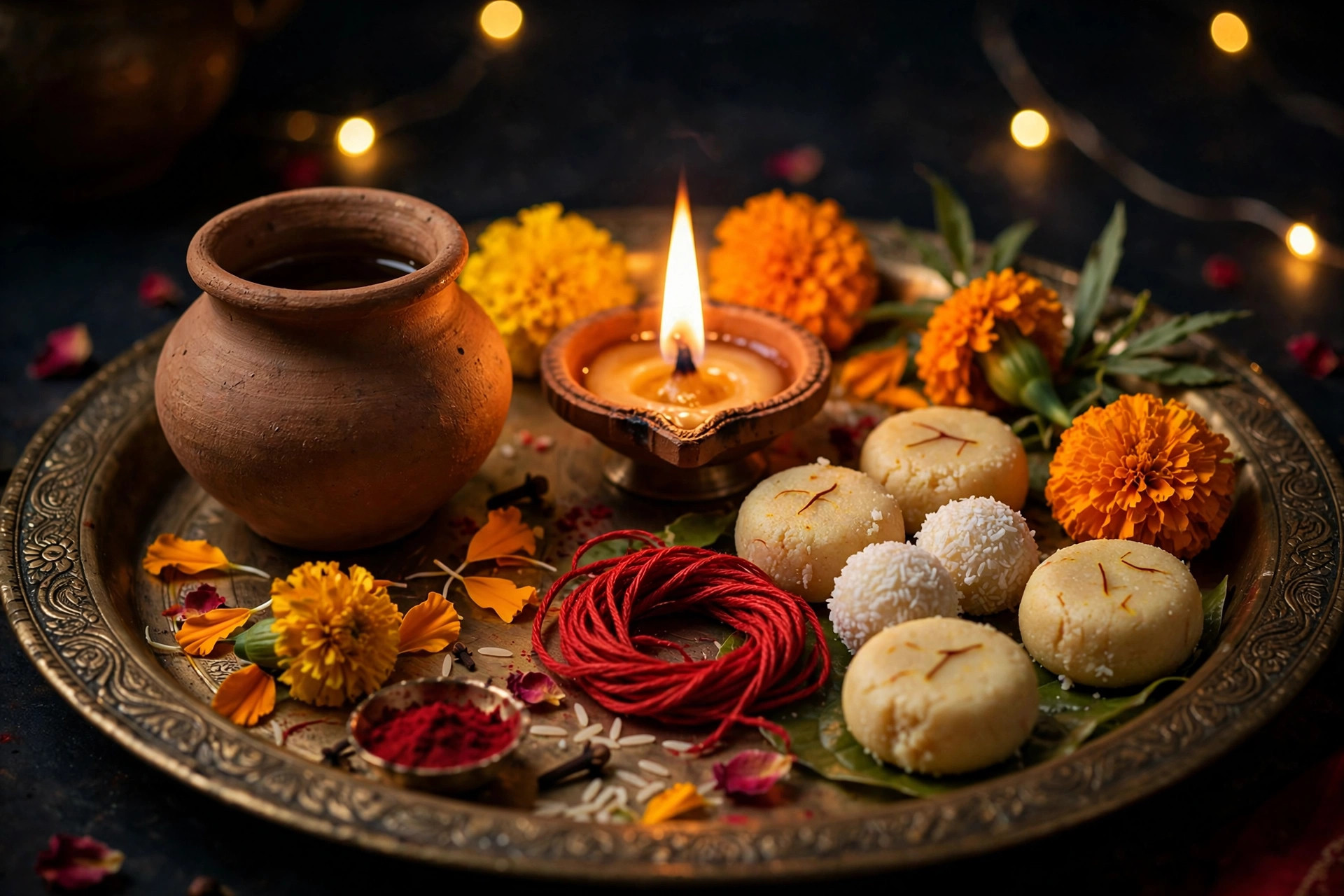 Ahoi Mata puja thali with karwa, diya, roli and halwa-puri