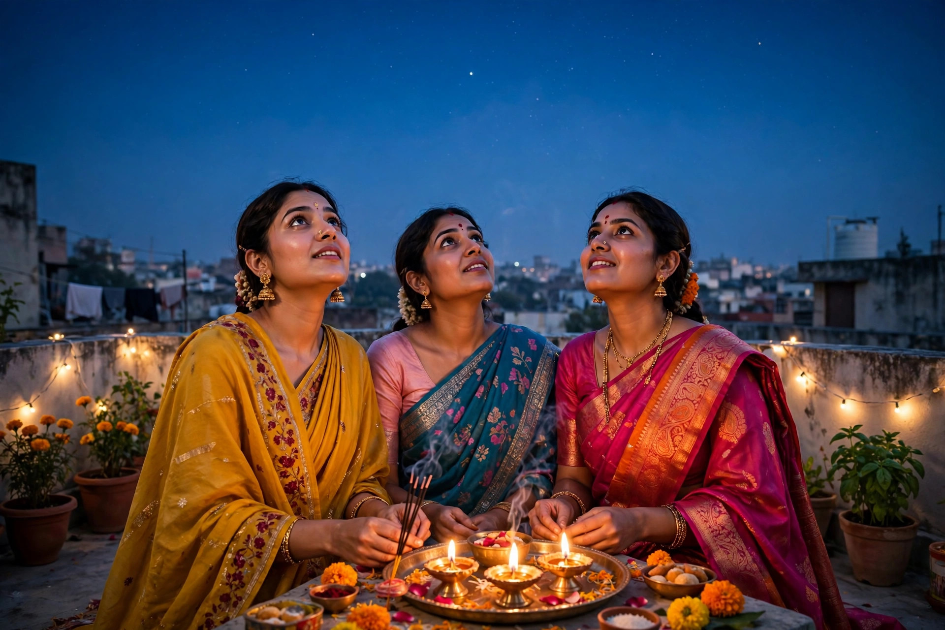 Women offering arghya to the evening stars at dusk on Ahoi Ashtami