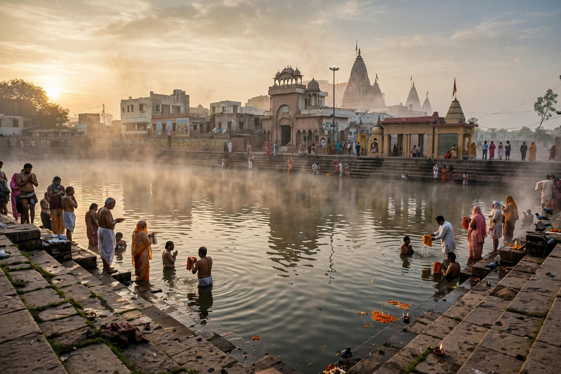 Radha Kund at Govardhan at night, lamps on the ghats