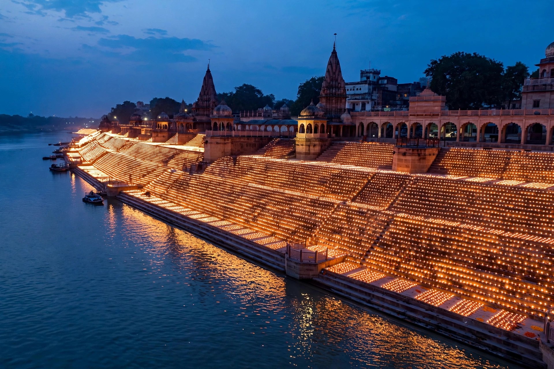 Thousands of earthen diyas glowing on Ram Ki Paidi ghats at dusk during Ayodhya Deepotsav
