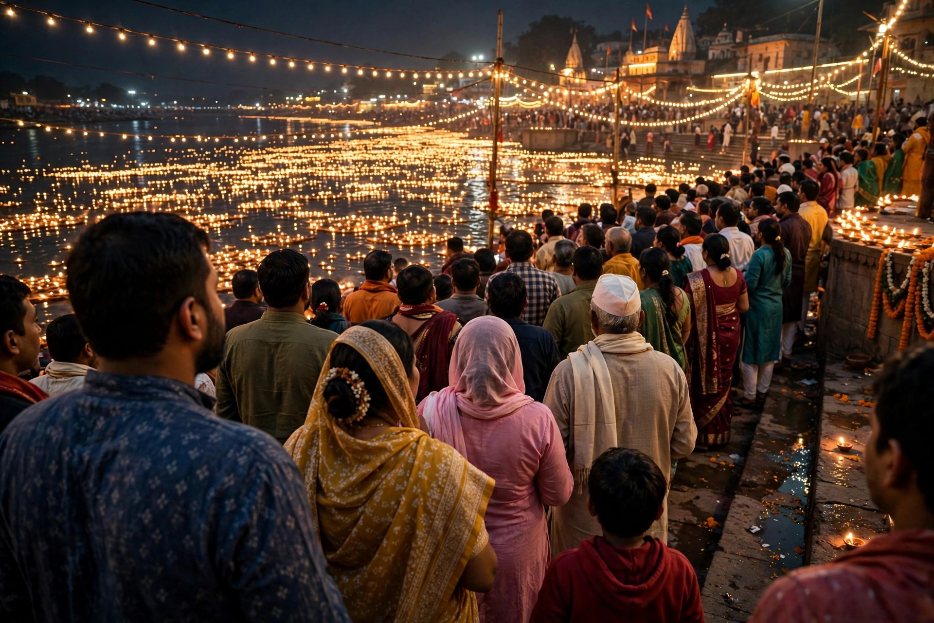 Devotees watching floating diyas on the Saryu during the Deepotsav night