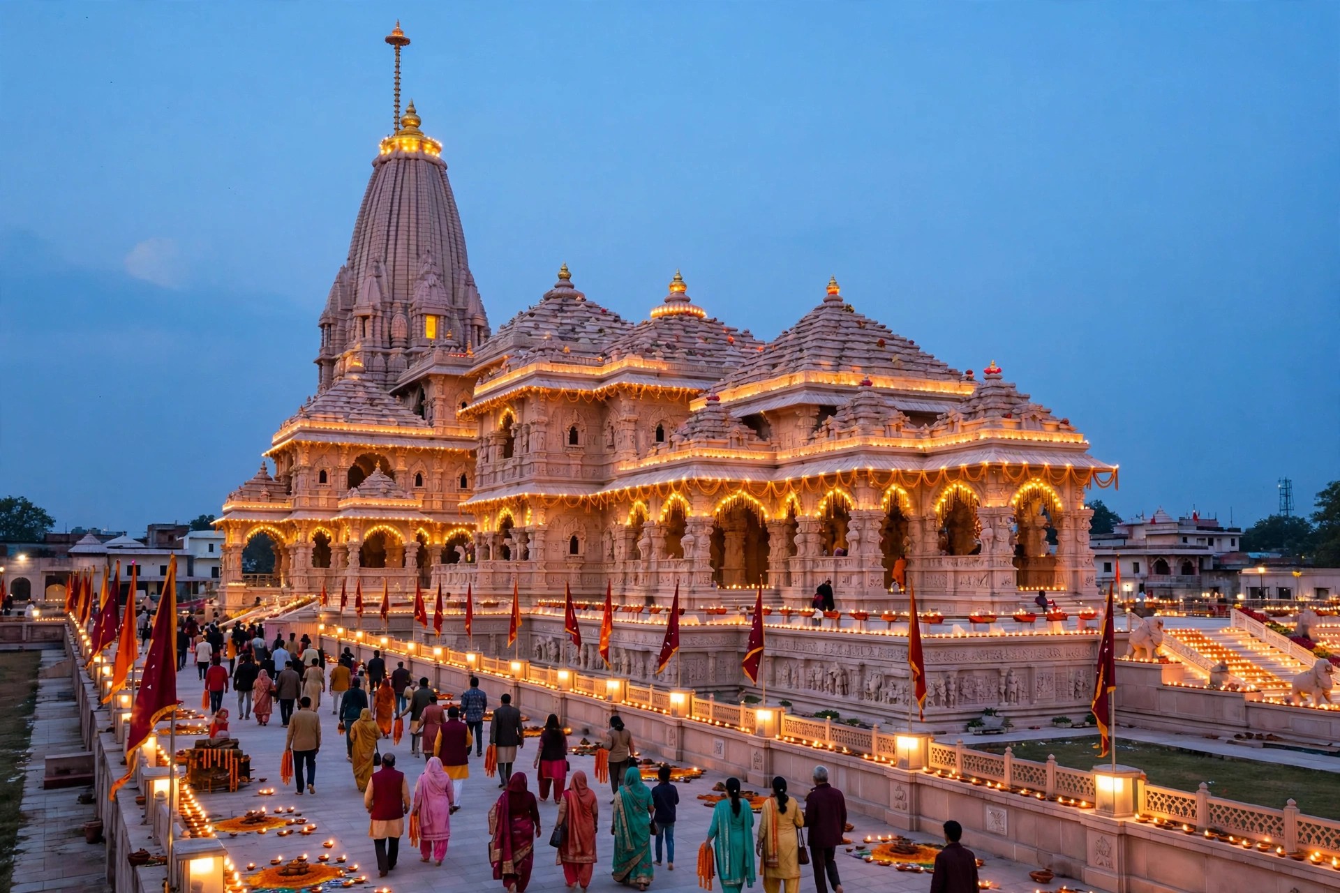 Shri Ram Janmabhoomi temple illuminated at dusk during Diwali week in Ayodhya