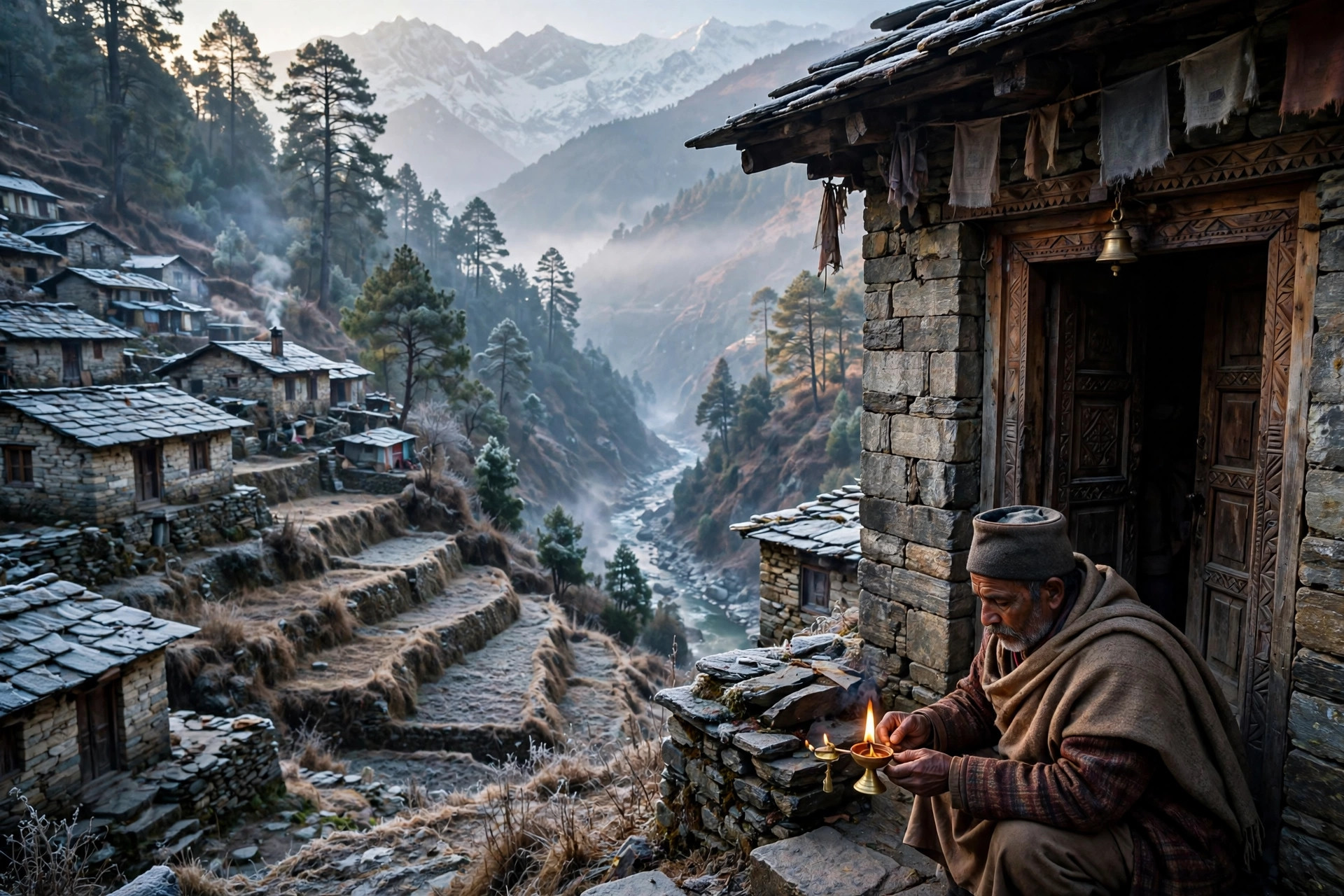 A small Himalayan village temple in a pine valley in winter morning light