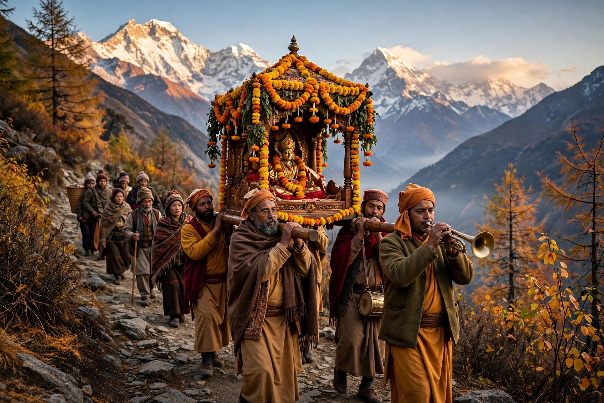 A decorated palanquin procession carrying a deity down a Himalayan mountain trail