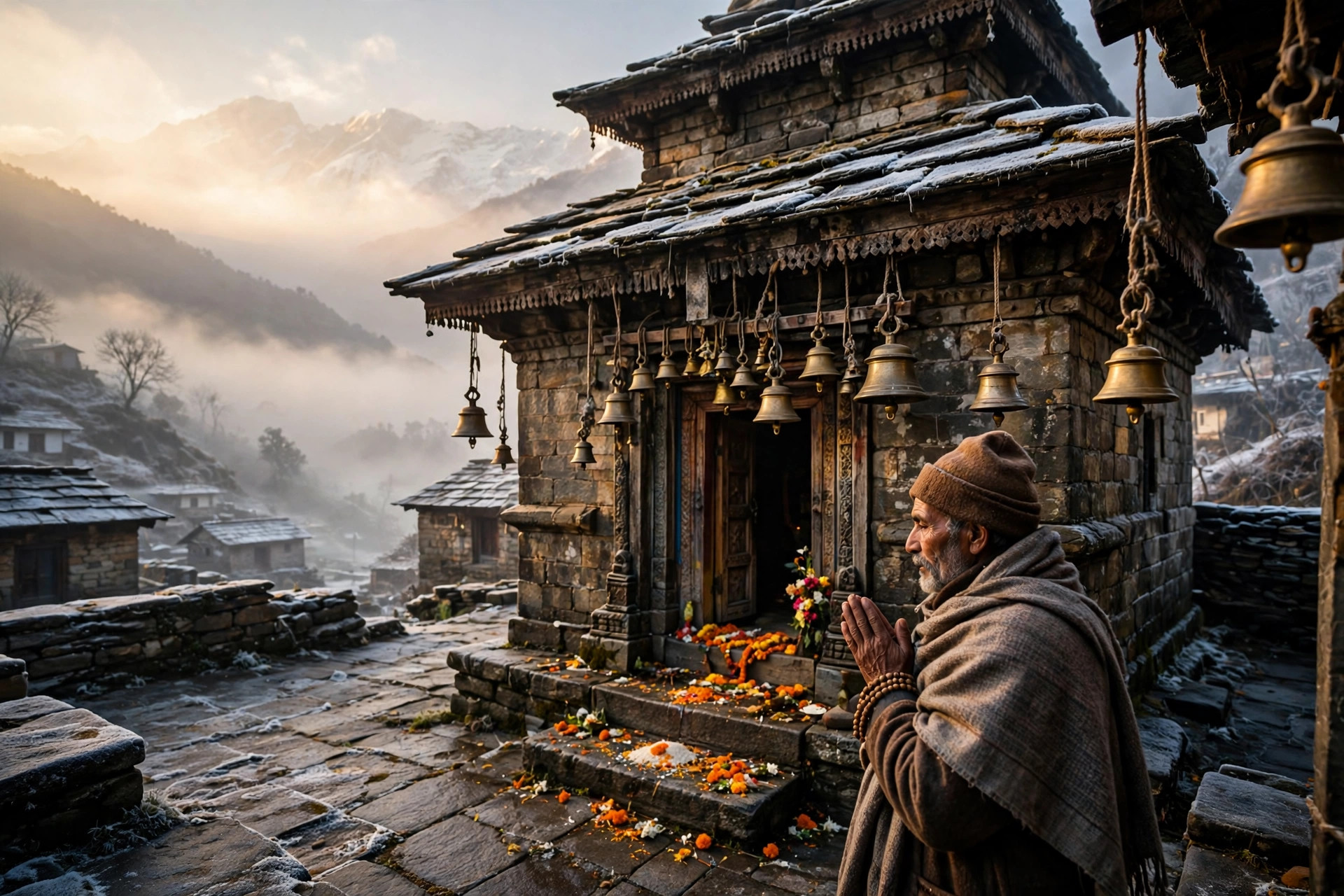 An old stone temple courtyard in a quiet Himalayan town at sunrise in winter