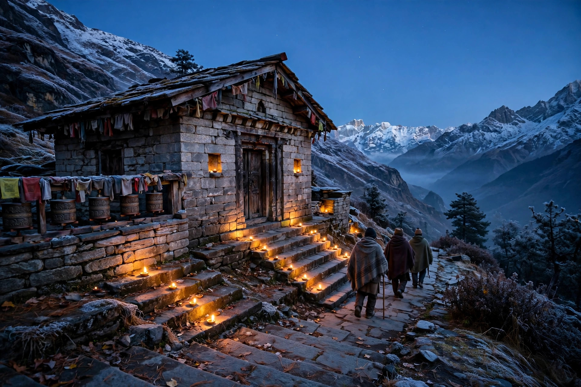 A Himalayan temple at dusk in November, lamps lit along its steps, snow peaks behind