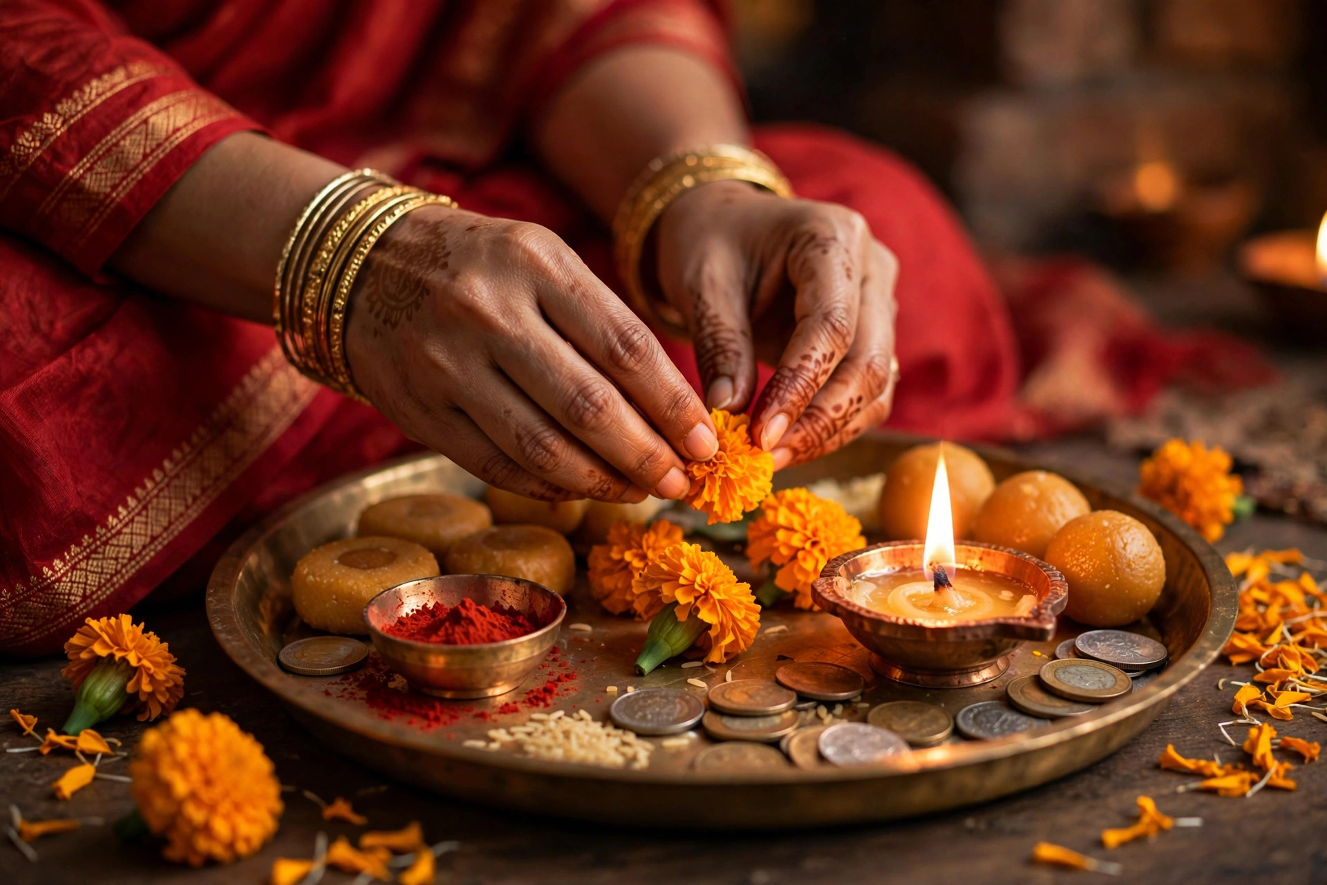 A traditional Lakshmi Puja thali with brass diya, marigold flowers and sweets