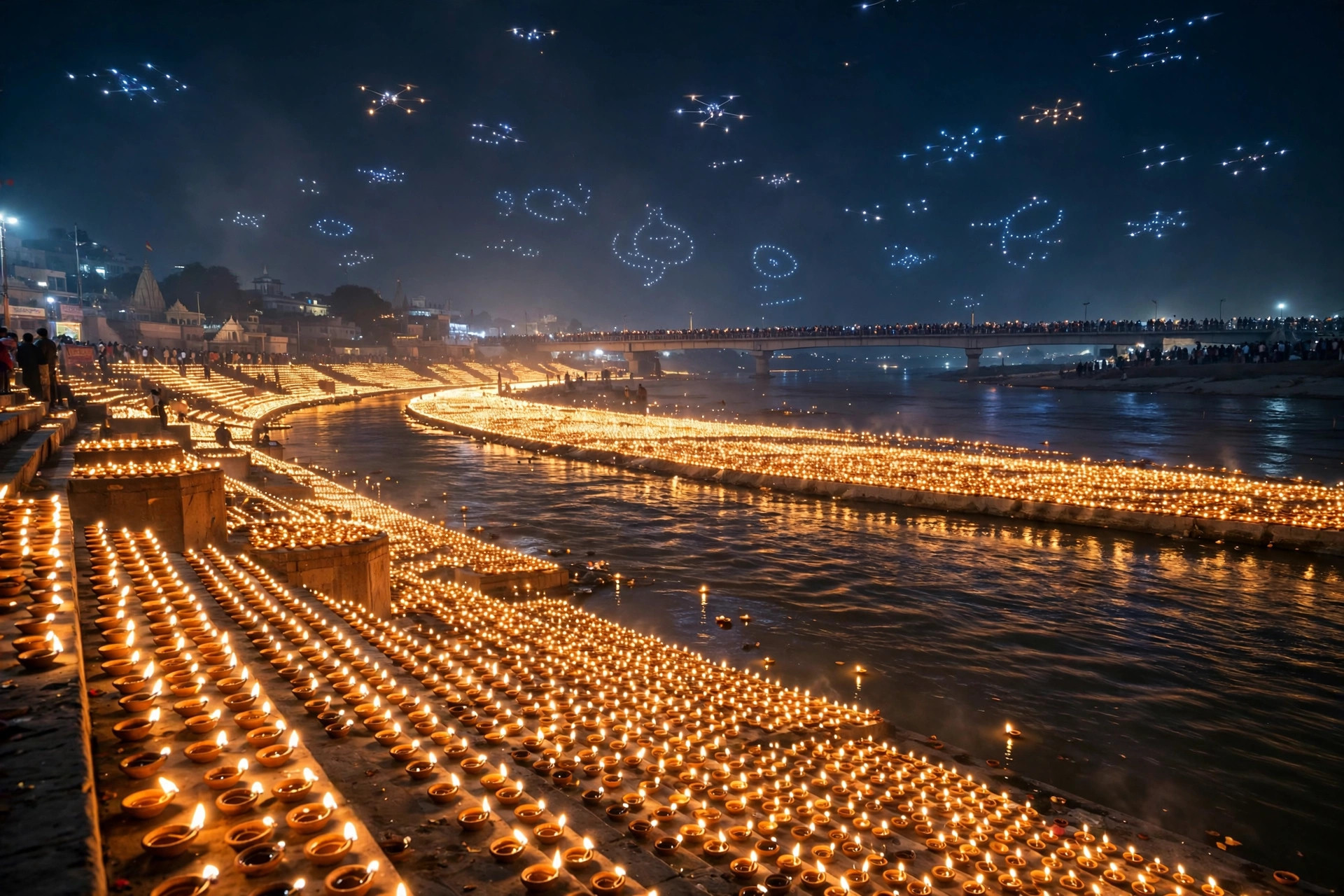 Thousands of diyas glowing along a riverfront at night during a festival
