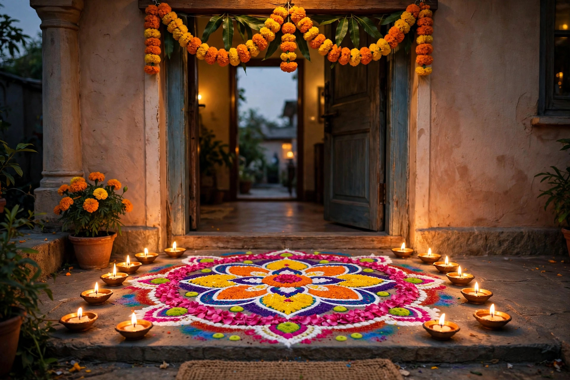A colourful rangoli of flower petals at the entrance of an Indian home at Diwali