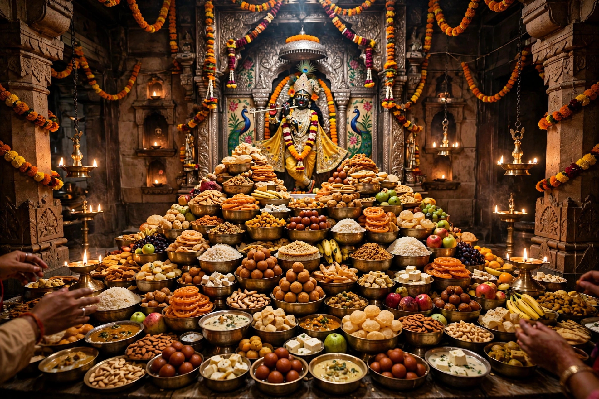 A tiered mountain of Annakut food offerings — sweets, rice dishes and fruits — before a decorated Krishna idol