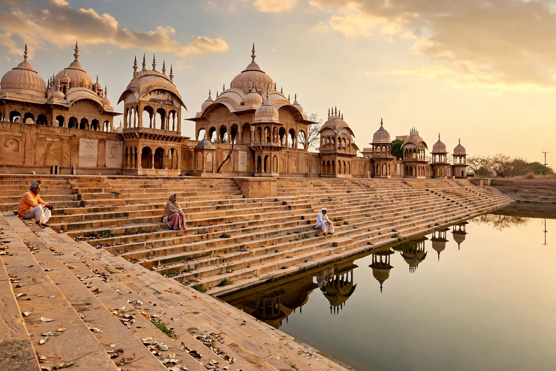 Sandstone ghats and pavilions at Kusum Sarovar near Govardhan in golden light