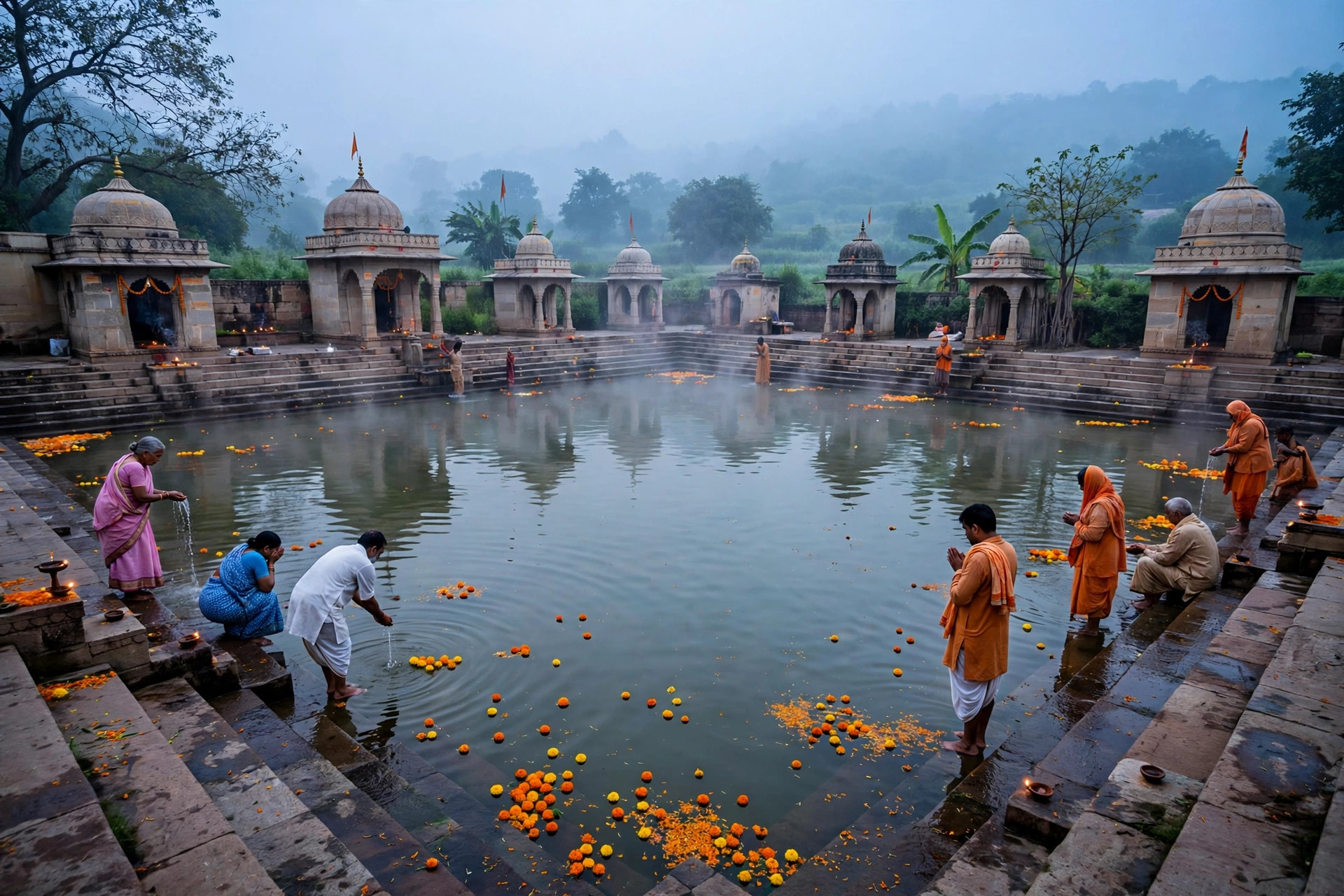 Radha Kund at dawn near Govardhan, pilgrims at the stone steps of the sacred pond