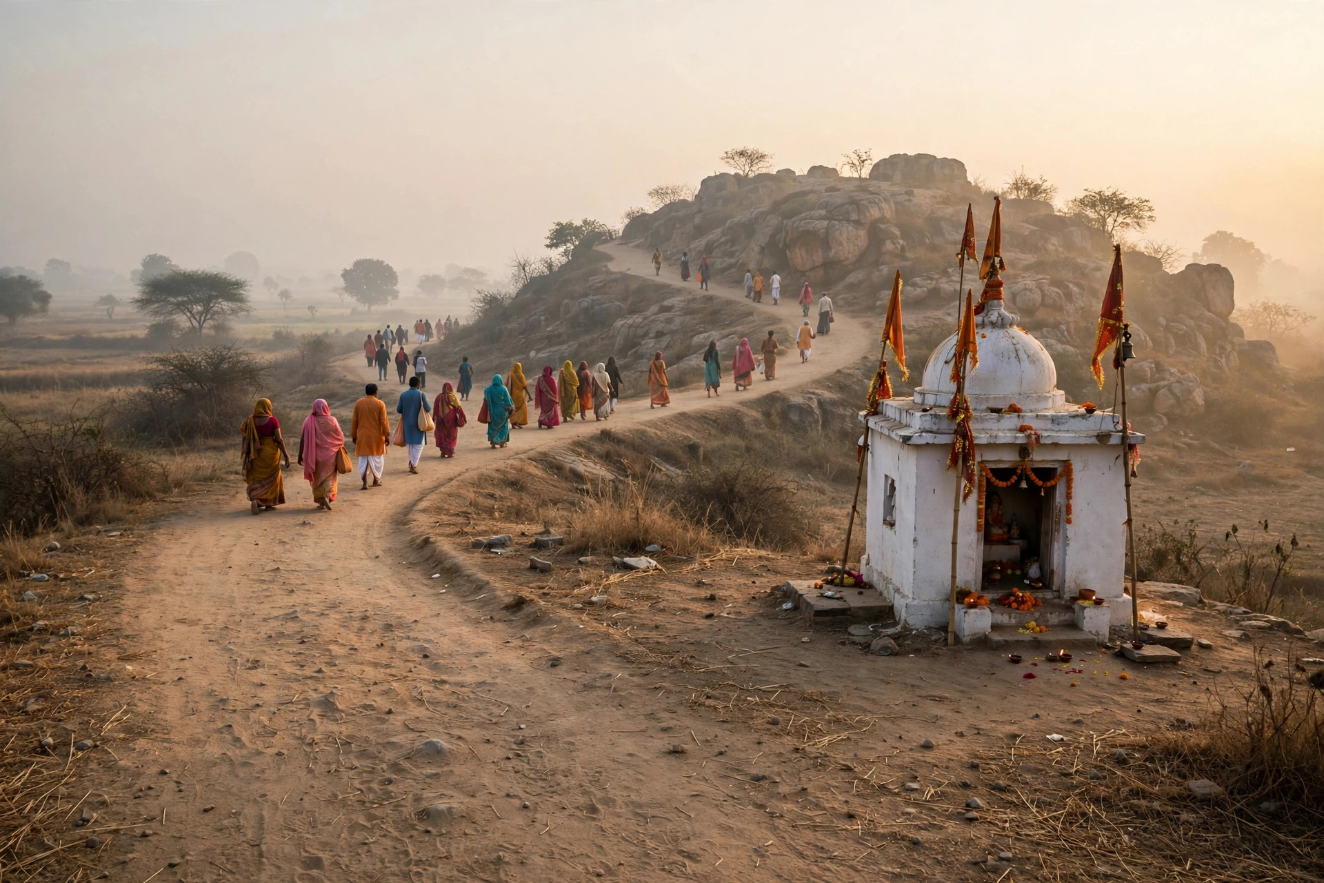 Pilgrims walking the Govardhan parikrama path at dawn, past a small roadside shrine