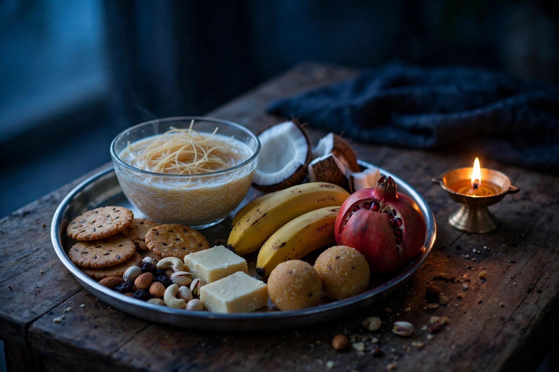 A sargi thali before dawn — fenia, fresh fruit, dry fruits and sweets with a lit diya