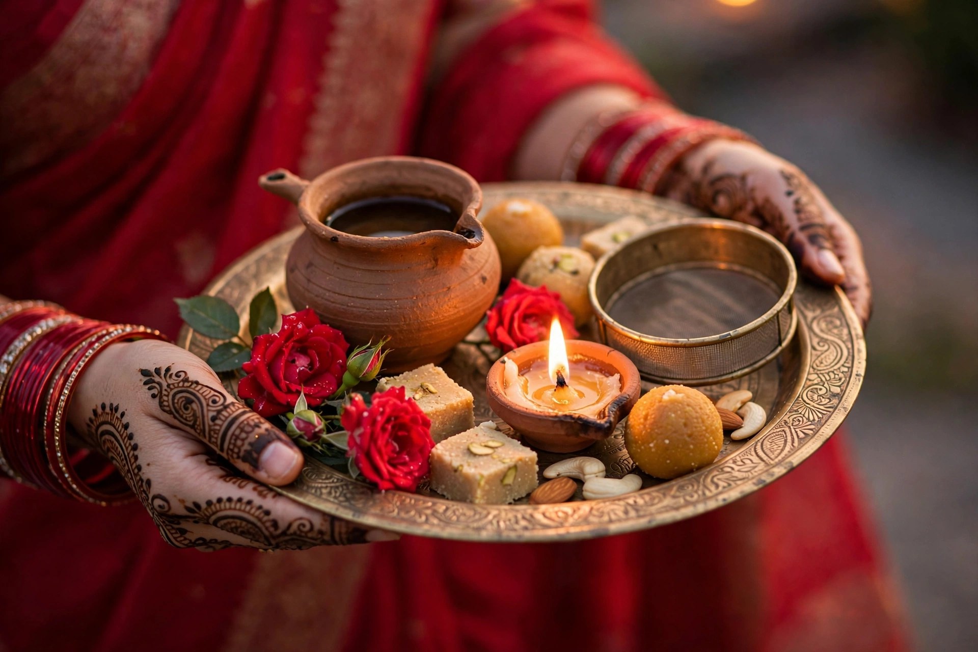 A Karwa Chauth puja thali — earthen karwa, diya and sieve, held by hands with fresh mehndi and red bangles