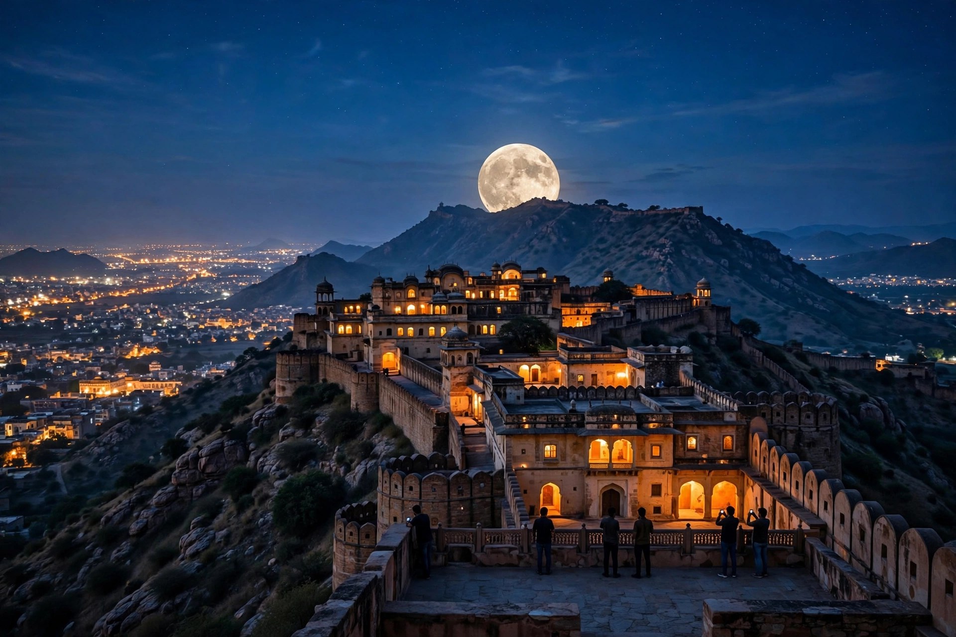 The Karwa Chauth moon rising over Nahargarh Fort and the lit city of Jaipur