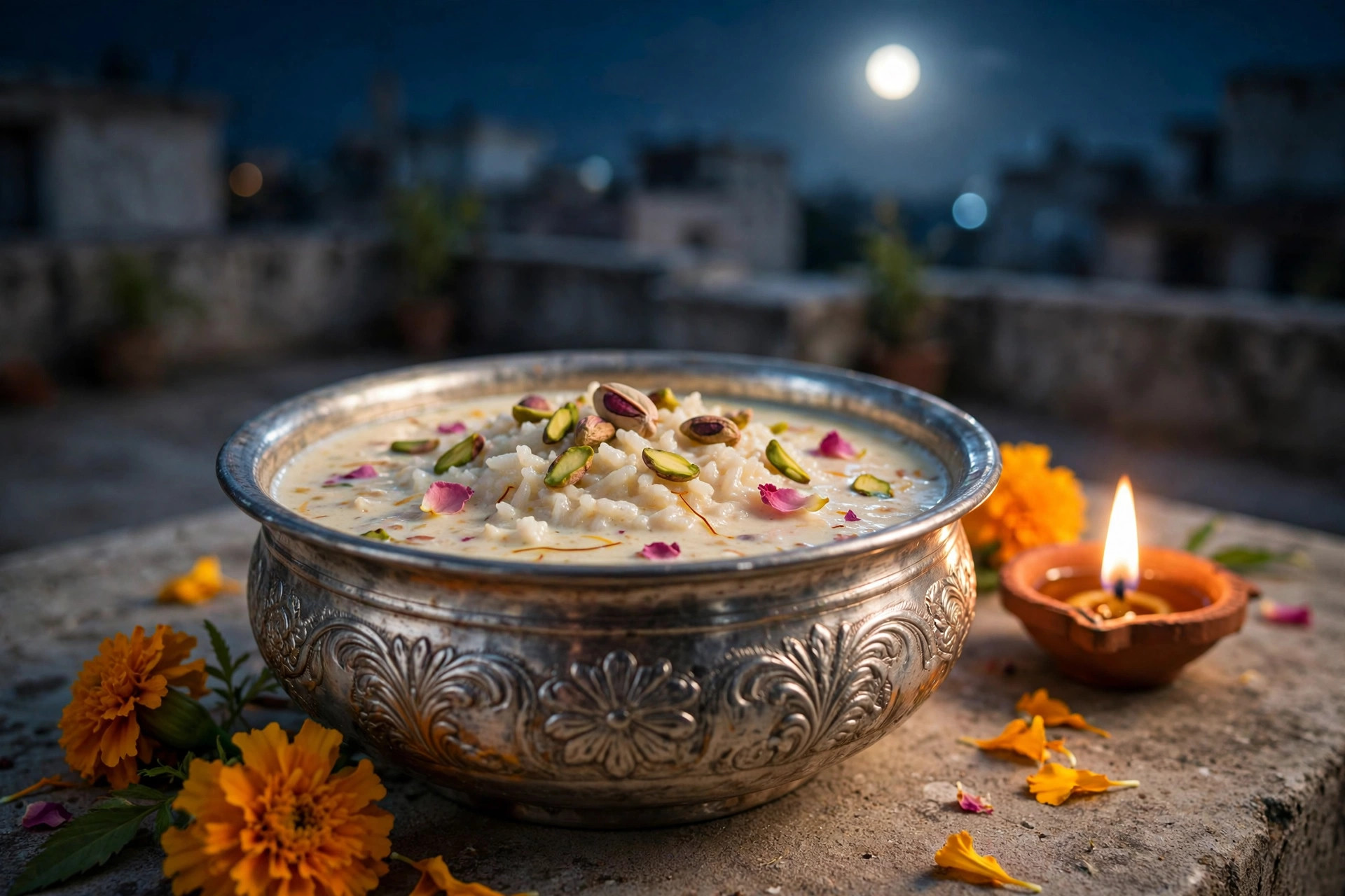 A bowl of kheer kept under the Sharad Purnima full moon, covered with a fine muslin cloth