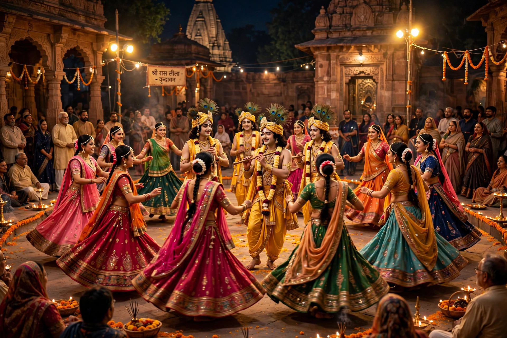 A Raas Leela performance in Vrindavan — Krishna and the gopis under the Sharad Purnima moon