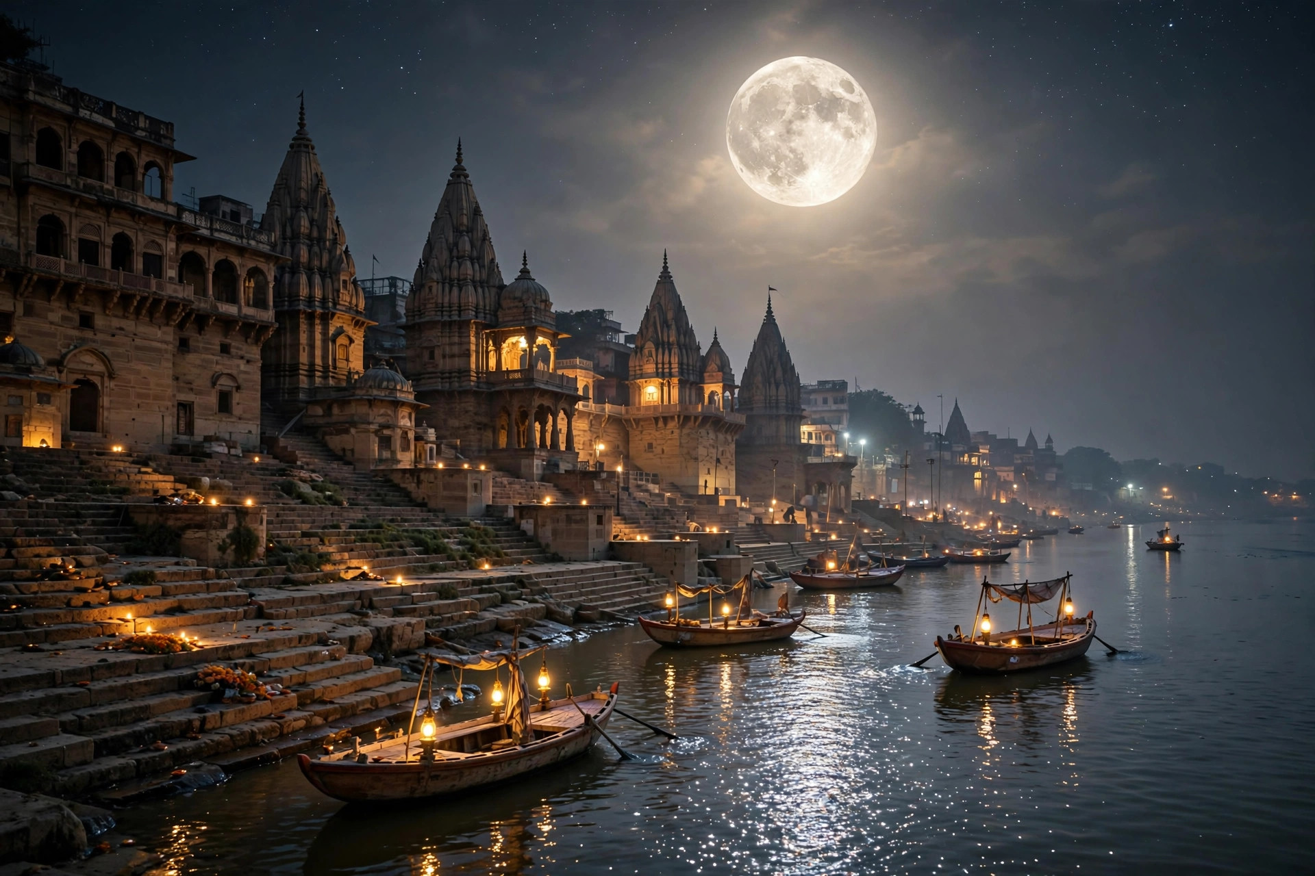 The full moon rising over the Varanasi ghats on the Ganga