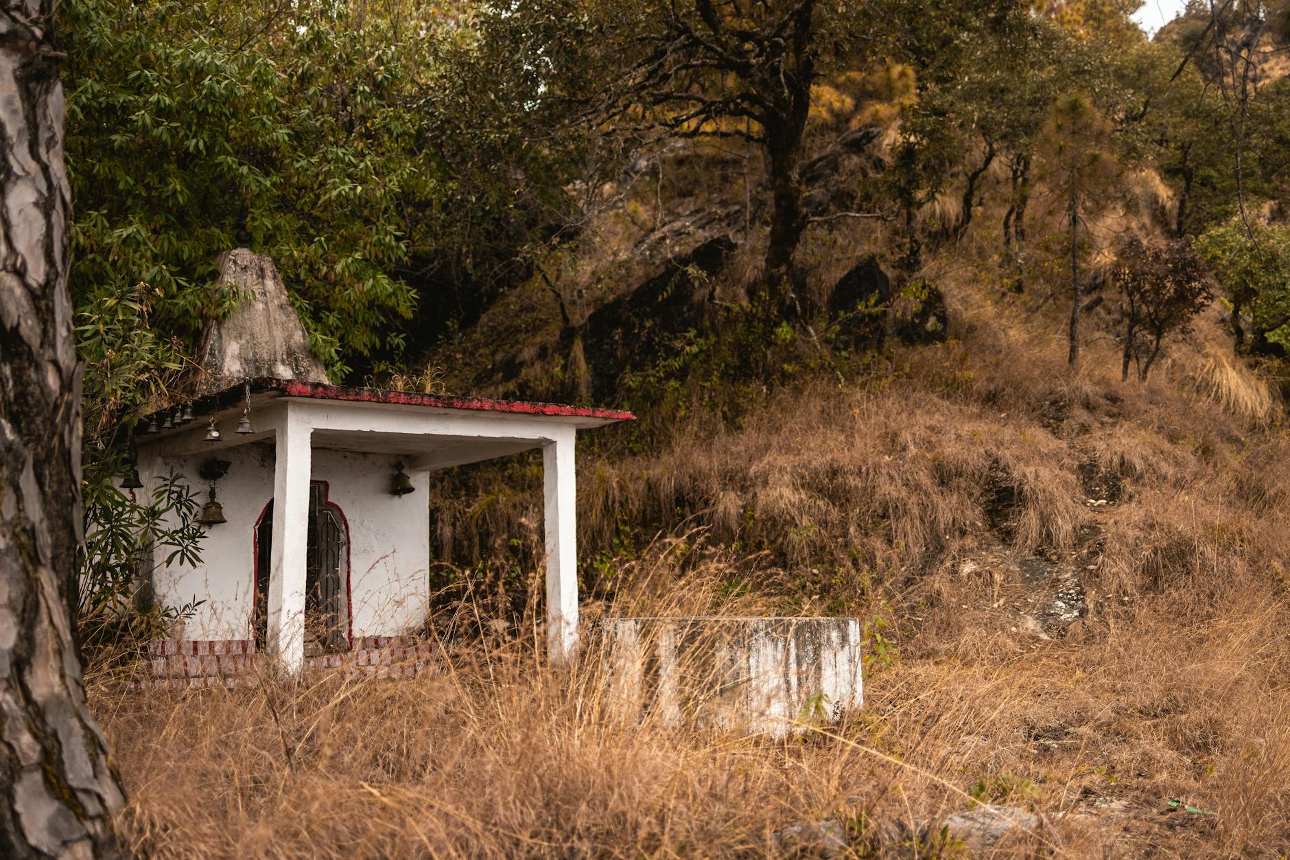 A small, rustic temple nestled in the serene landscape of Uttarakhand, India.