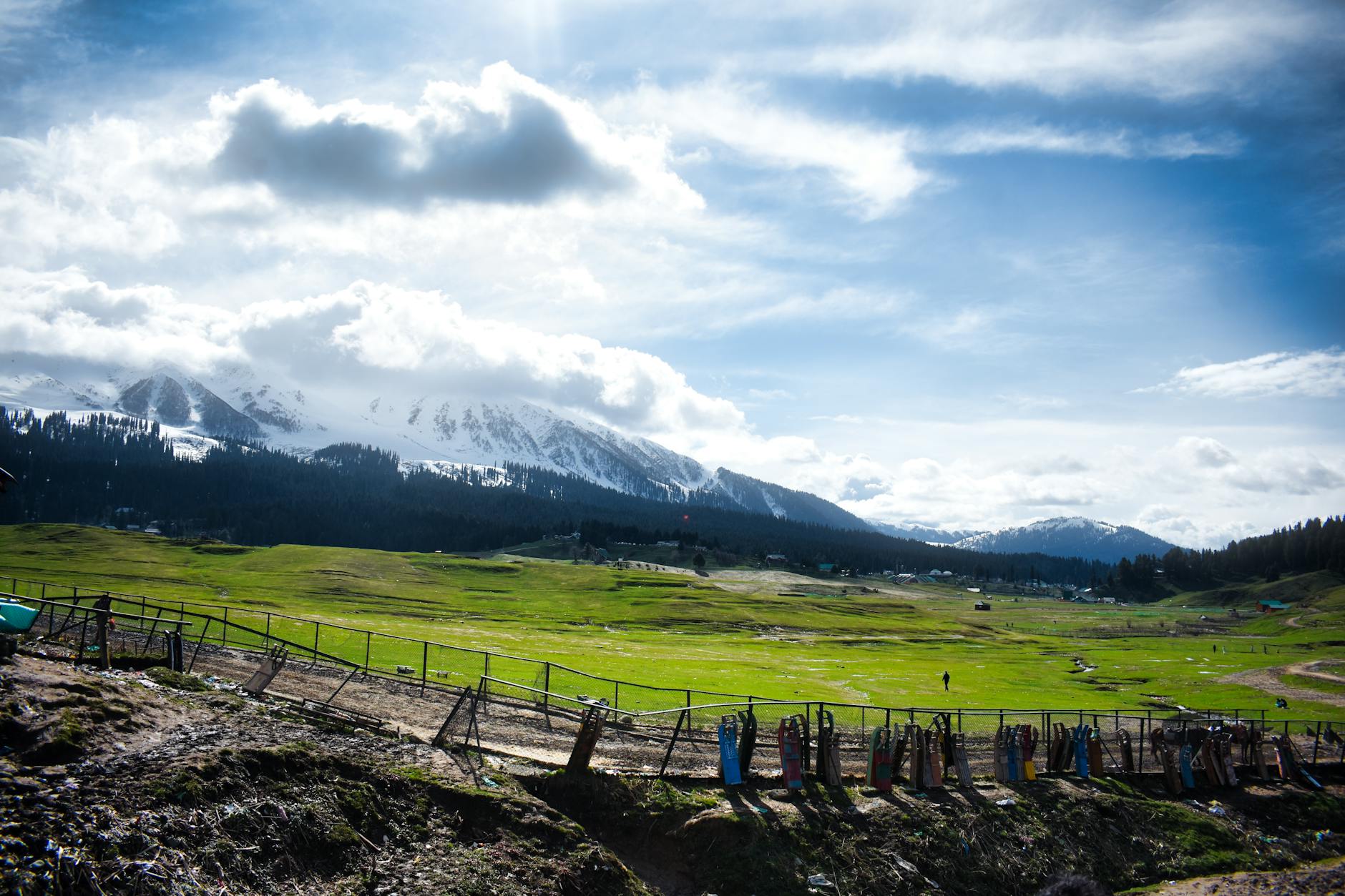 Breathtaking view of lush meadows and snow-capped mountains in Pahalgam, perfect for nature enthusiasts.
