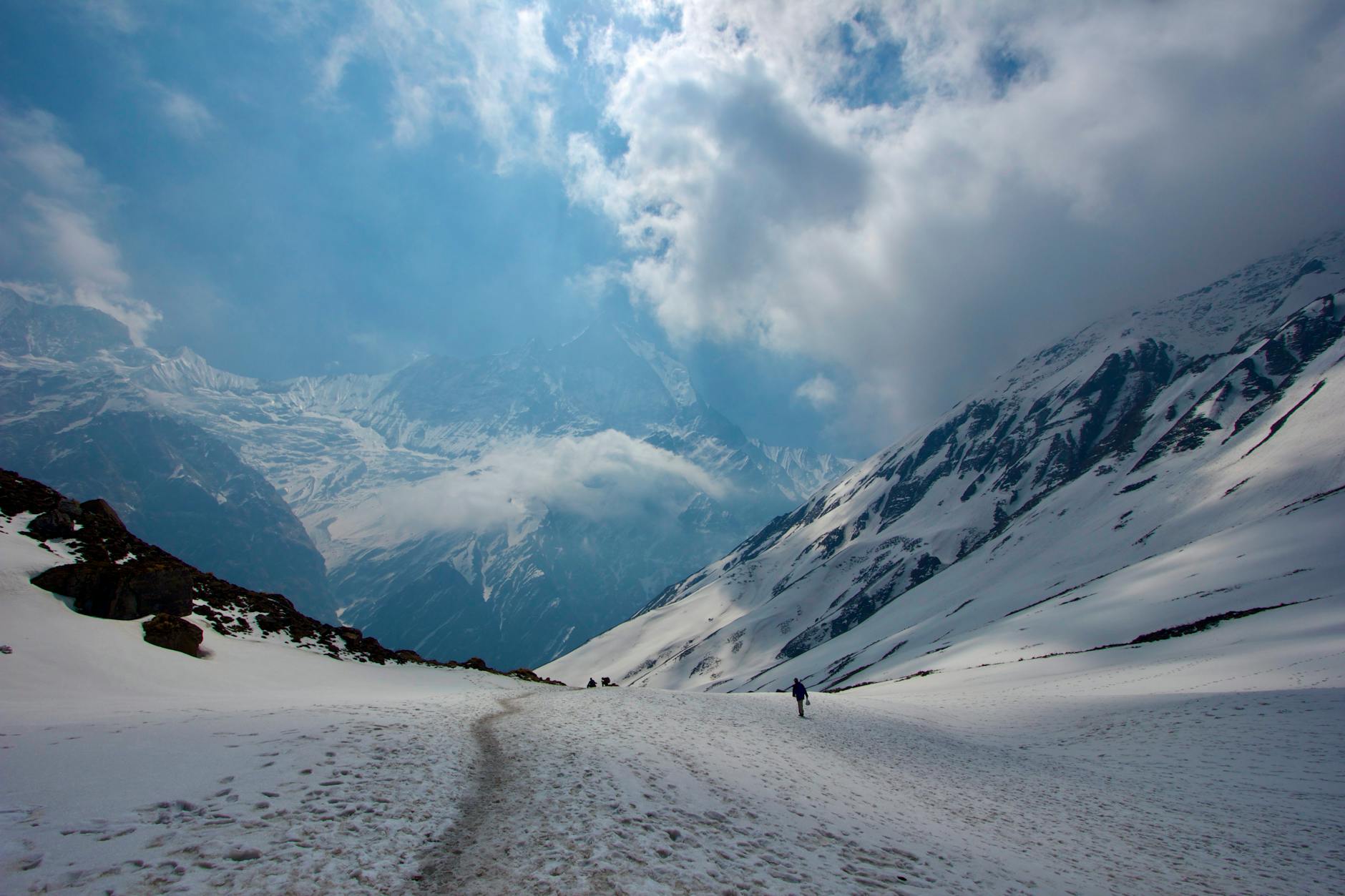 A breathtaking view of a snowy landscape in the Annapurna region of Nepal, perfect for adventure travel.