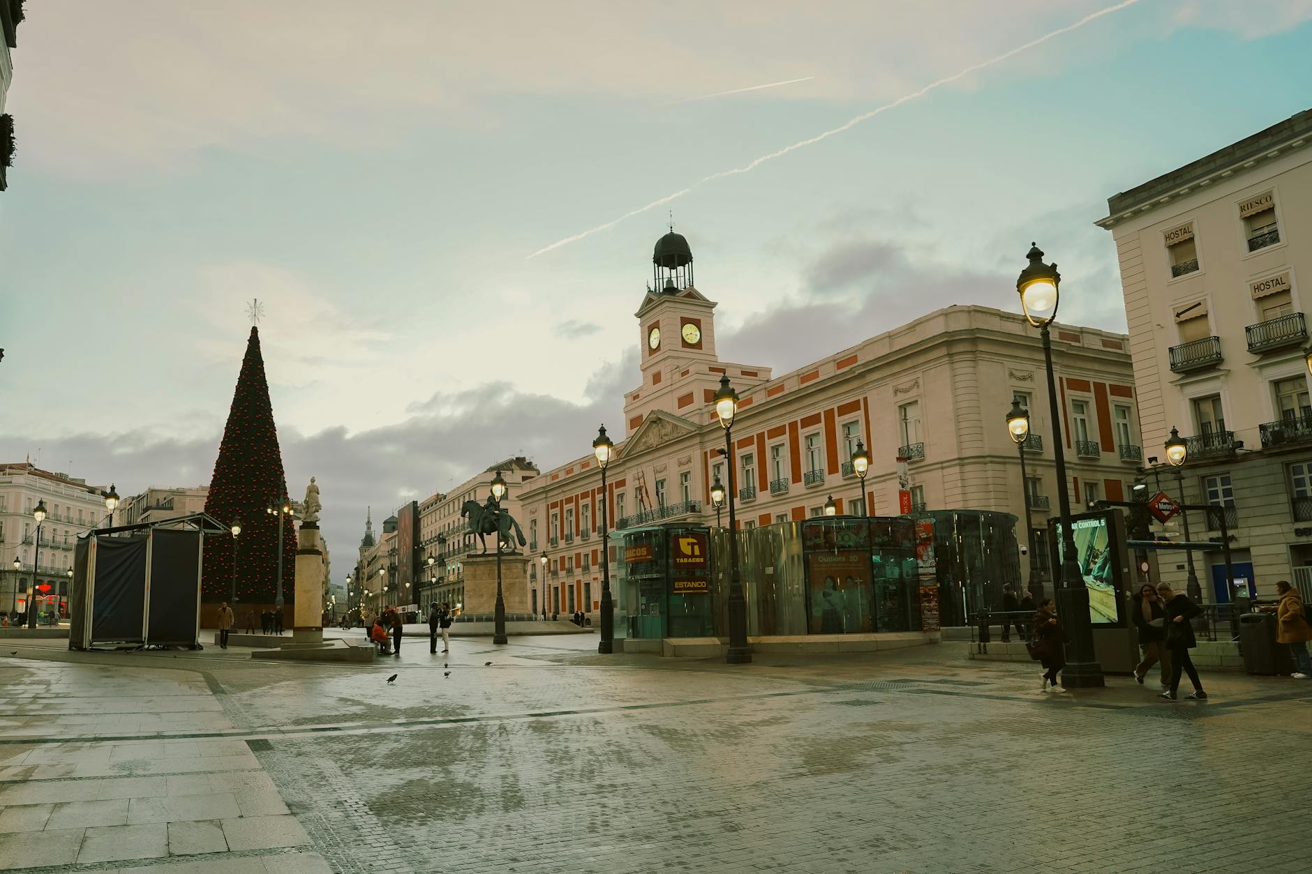 Evening view of the Christmas tree at Puerta del Sol in Madrid, Spain.